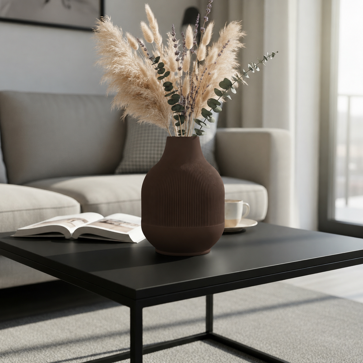 Minimalistische Ribbelvaas – Donker Bruin